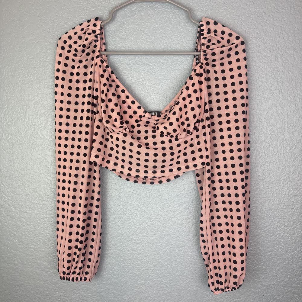 Missguided Blouse Womens 4 Petite Pink Polka Dot Sheer Mesh Crop Top Puff Sleeve